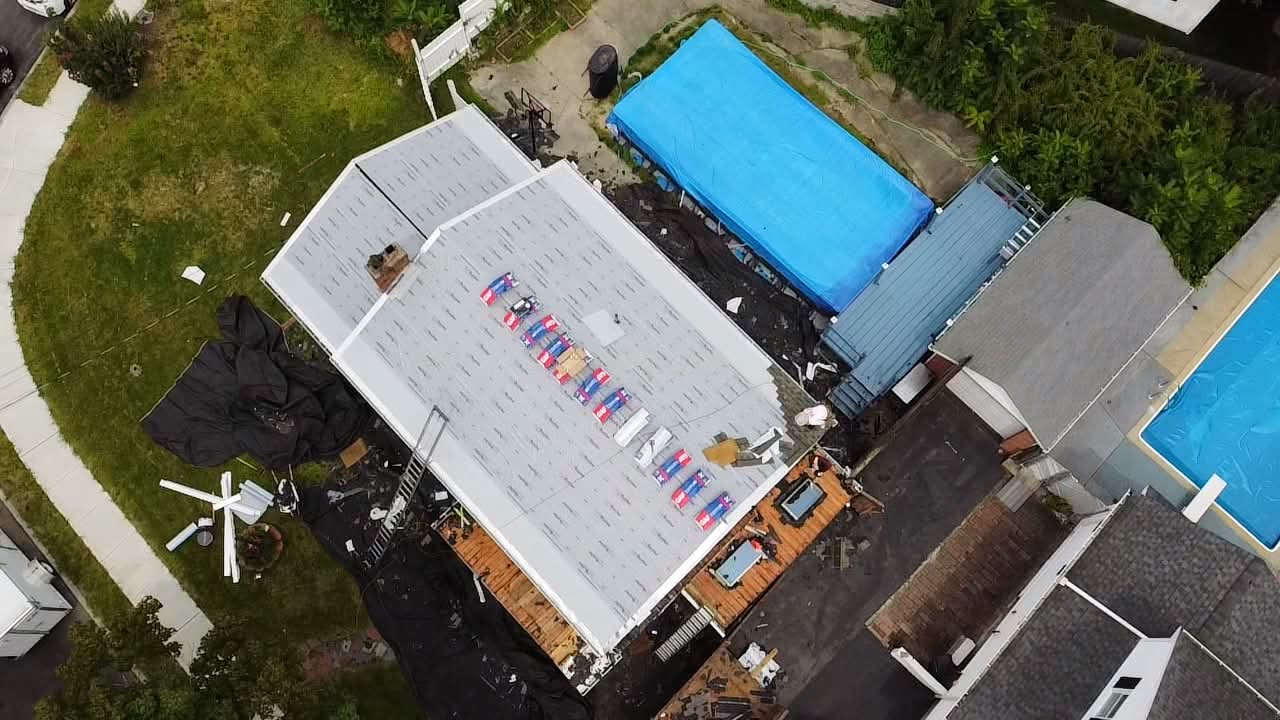 Aerial drone photo of a roof under construction